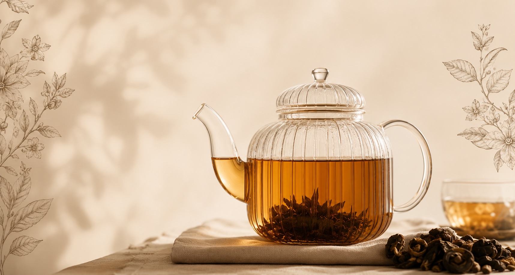 Théière en verre remplie de thé infusé, décor botanique — La Route du Thé
